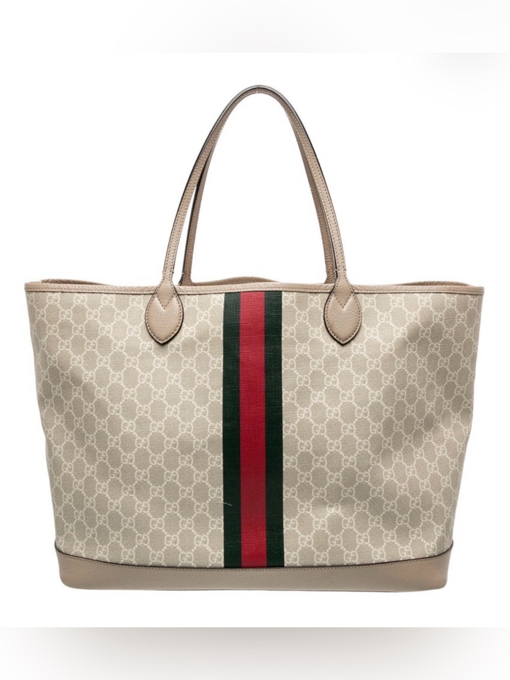 Gucci Beige GG Supreme Canvas Tote with Green-Red Web Stripe